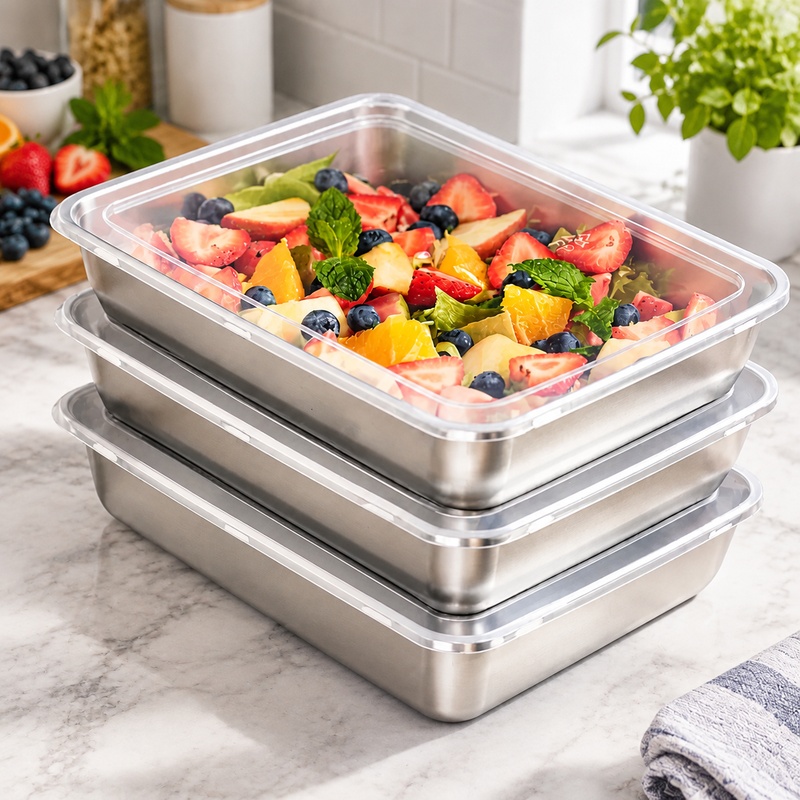 Kitchen Gadgets Organizer - Dreifach-Packung Edelstahl-Lebensmittelbehälter mit transparenten Deckeln, auslaufsicheres